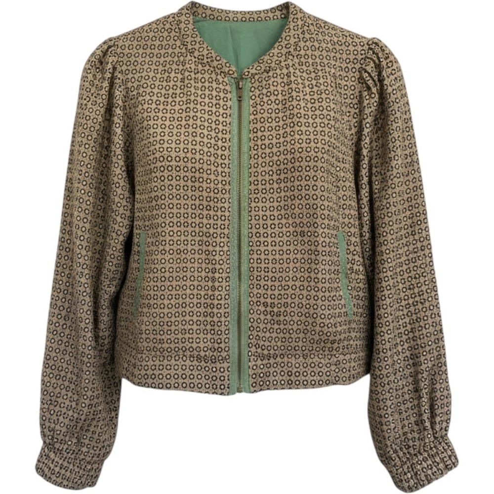 Glam Women Green Geometric Medallion Puff Sleeve Zip Up Bomber Jacket med